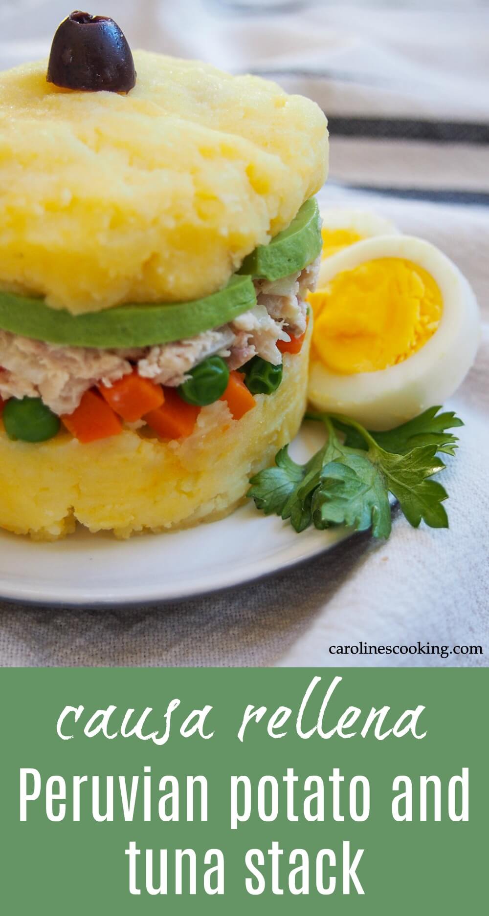 Causa rellena is a classic Peruvian appetizer that takes simple ingredients and transforms them into something elegant and delicious. This pretty layered stack is great for entertaining and more. #peruvian #potato #tuna #appetizer