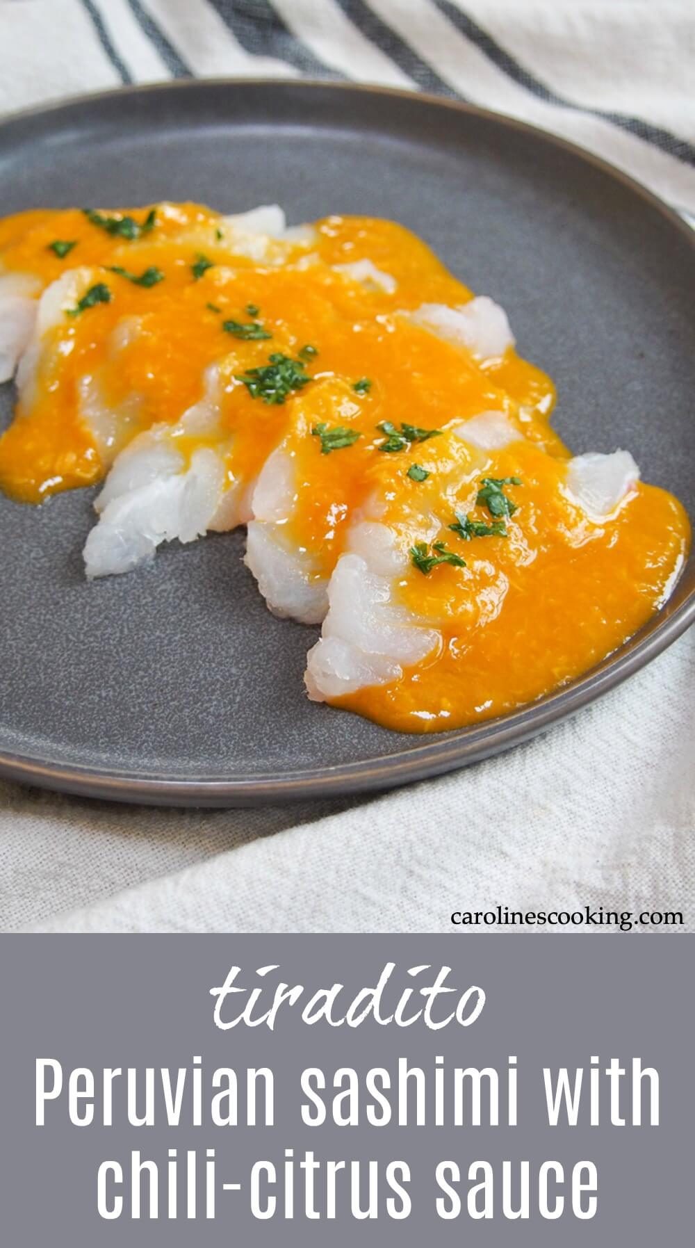 Tiradito is a true fusion dish combining sashimi with a citrus-chili sauce that's packed with flavor. It's easy to make and perfect as an appetizer. #peruvianfood #sashimi #seafood #fish #chili Tiradito is a true fusion dish combining sashimi with a citrus-chili sauce that's packed with flavor. It's easy to make and perfect as an appetizer. #peruvianfood #sashimi #seafood #fish #chili