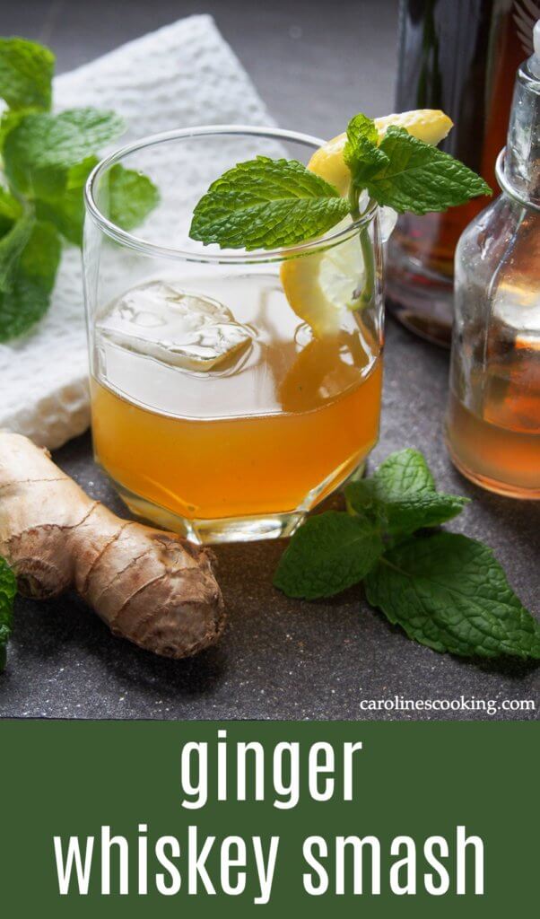 A whiskey smash is like a whiskey sour infused with mint. And this version gets another flavor kick with a hint of punchy ginger. It's smooth, with a wonderful combination of tart lemon and gently sweet bourbon. A wonderful sipping cocktail. #cocktail #whiskey #bourbon #lemon #sour