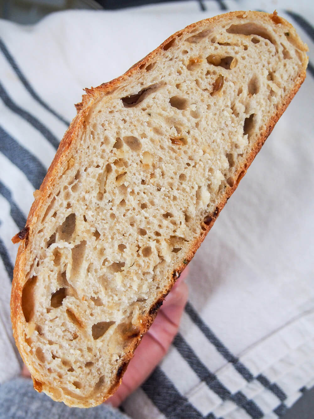 Holding cut loaf of sage and caramelized onion sourdough bread