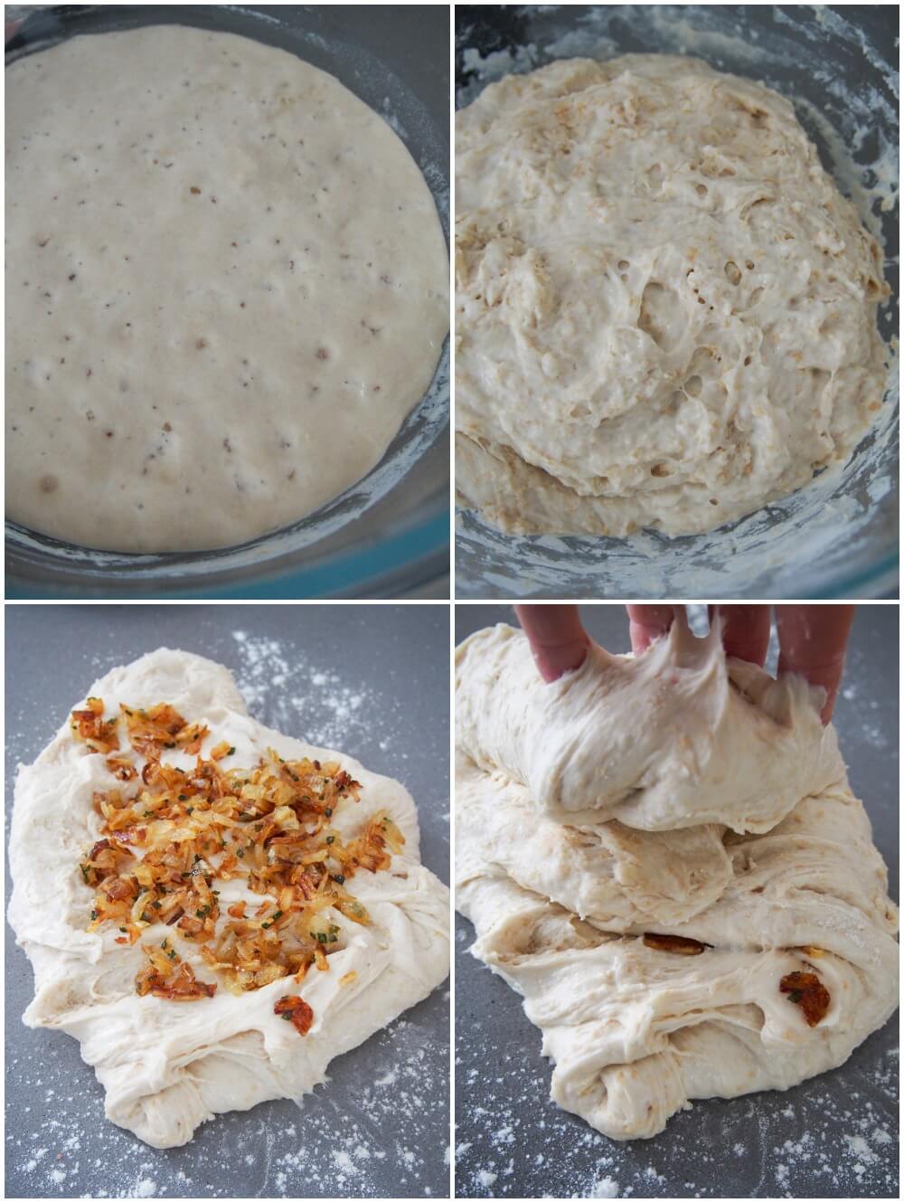 early stages making bread: levain ready to use, leaving dough for 'autolyse', adding caramelized onions and kneading dough
