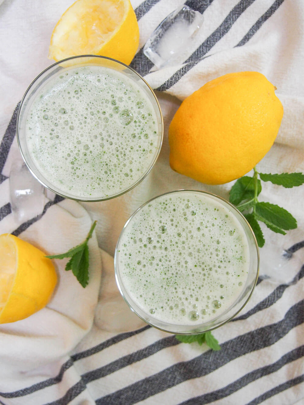 2 glasses of limonona, mint lemonade, from overhead
