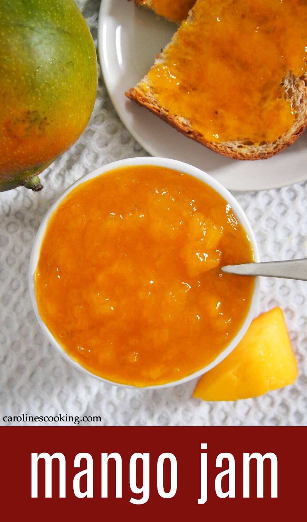 Enjoy some wonderful tropical flavors on your toast with this easy mango jam. It is quick to make, has a wonderful sweet flavor and is the perfect way to enjoy mango season that bit longer. #mango #jam #canning