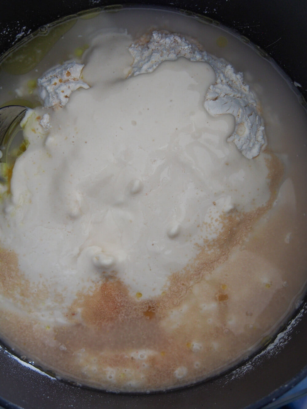 starter, flour and other ingredients ready to mix