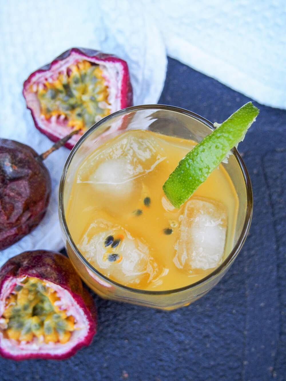 glass of passion fruit margarita from overhead