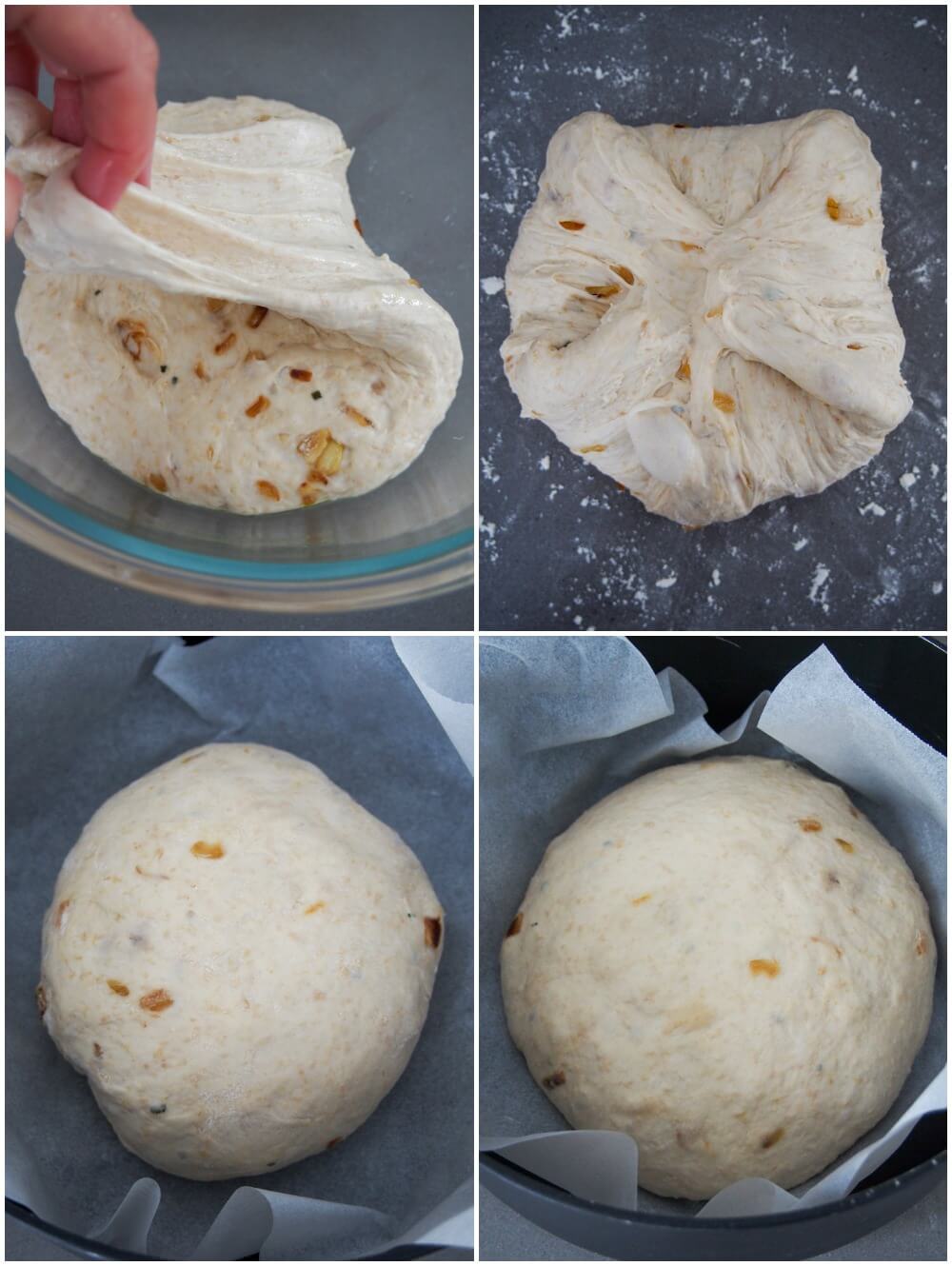 later stages making bread: folding dough during proofing, tightening dough to form loaf, loaf formed ready for proof, loaf after proofing ready to score and bake
