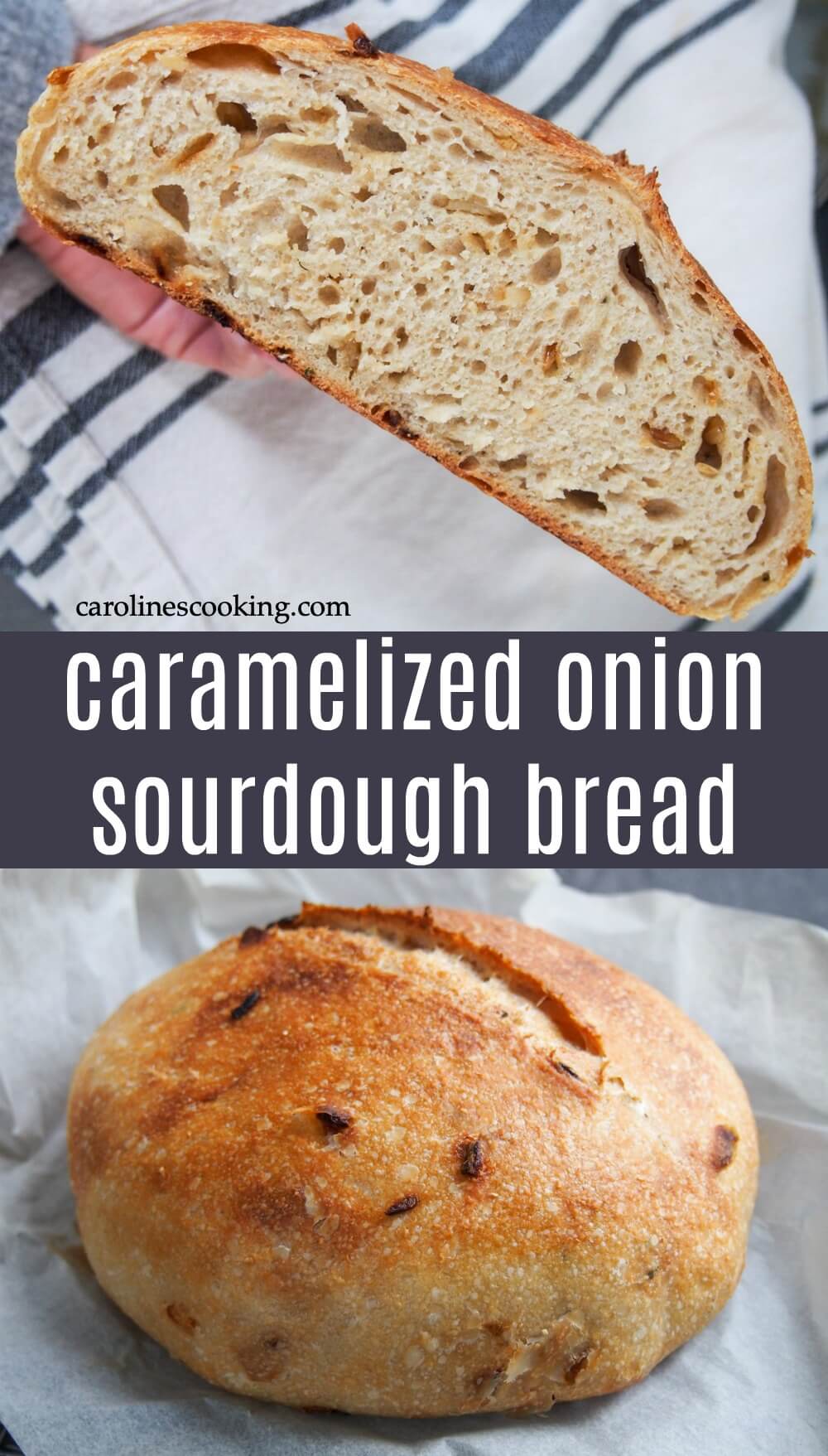 This naturally leavened sourdough bread has such a wonderful flavor - the classic sourdough tang with sweet bursts from the onions are such a great combination. Crisp outside, tender inside, it's great with just a touch of butter. Yes, it takes a bit of time, but most is hands off and believe me, it's well worth it. #sourdough #bread #baking 