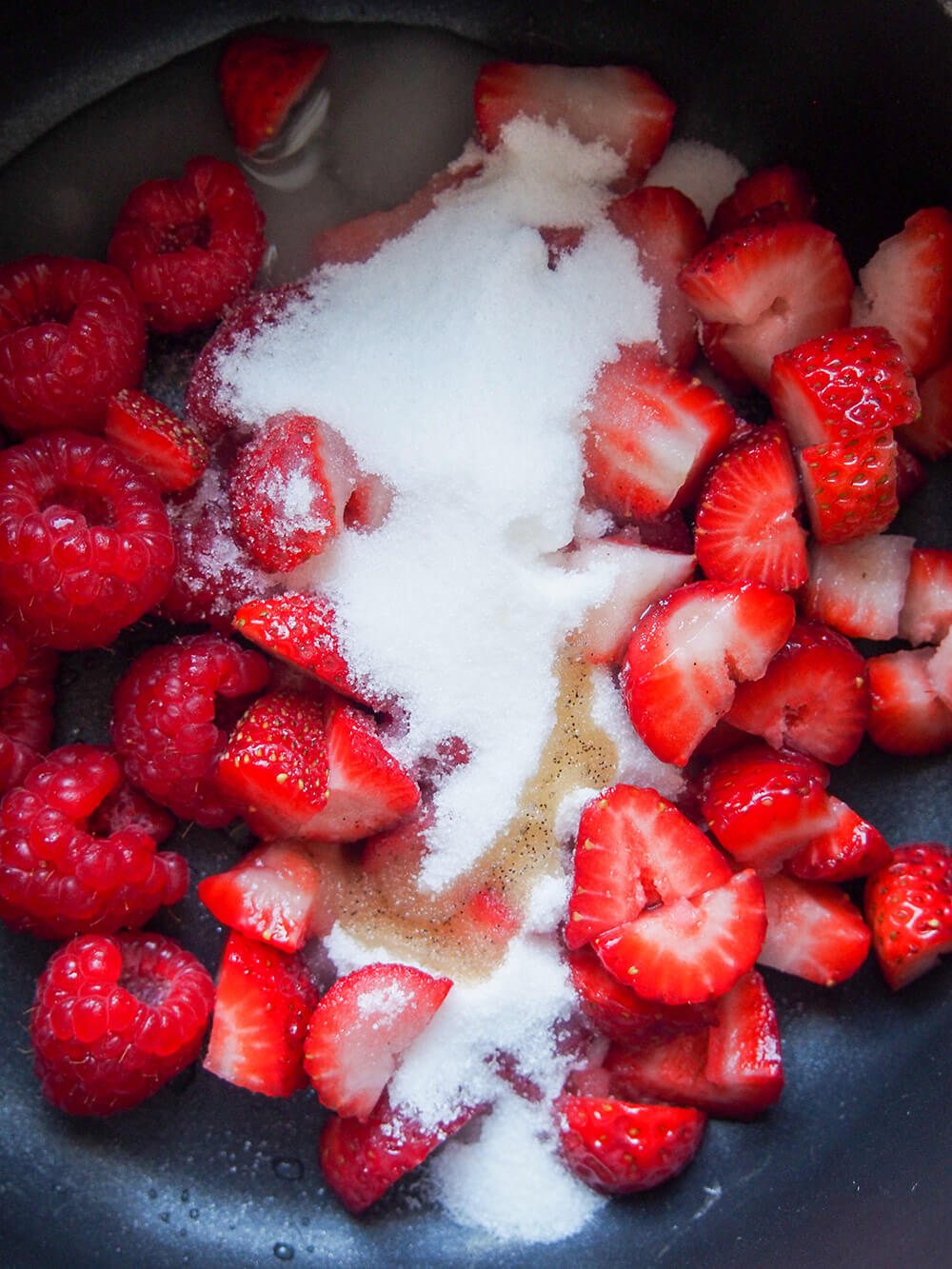 ingredients for strawberry raspberry jam ready to cook