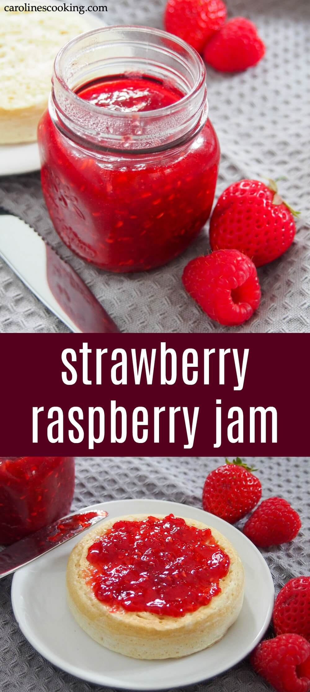 This strawberry raspberry jam is a delicious combination of summer berries in a sweet, bright spread. This recipe makes a small batch(also lower sugar) in no time that's perfect to top your toast and more. #jam #homemadejam #strawberry #raspberry #smallbatchjam