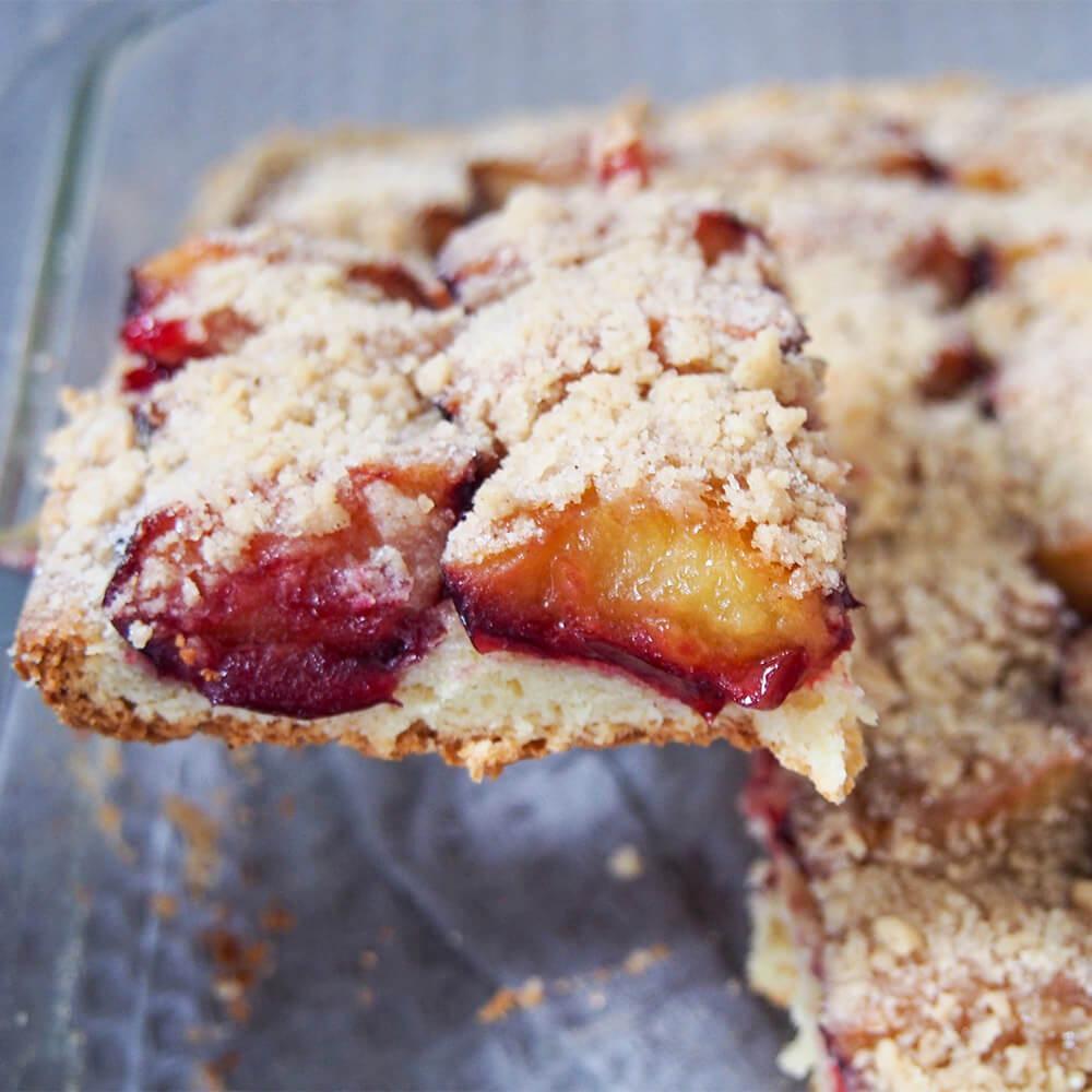 lifting slice of German plum cake (pflaumenkuchen) out of dish