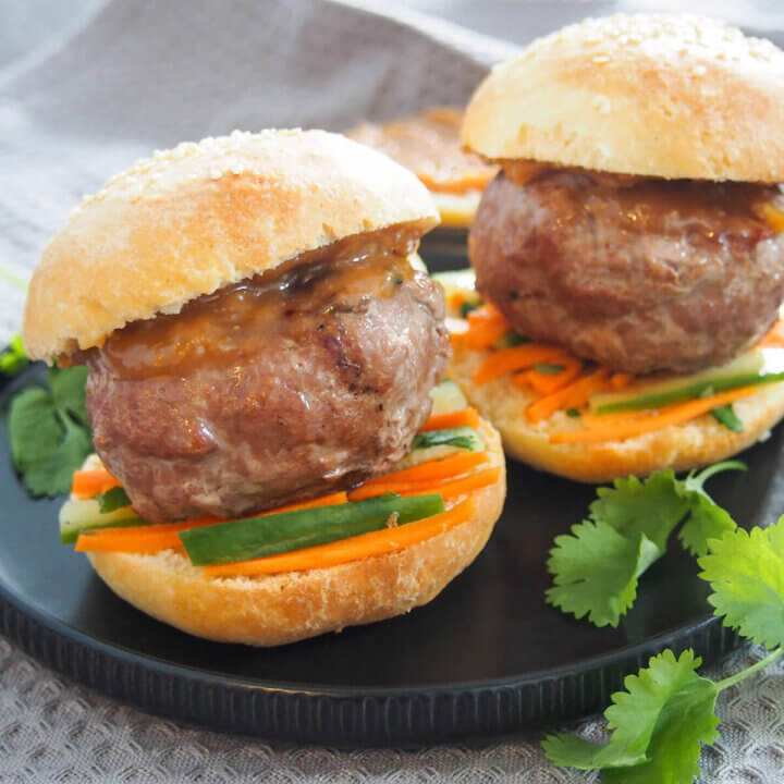 chicken satay burgers on plate