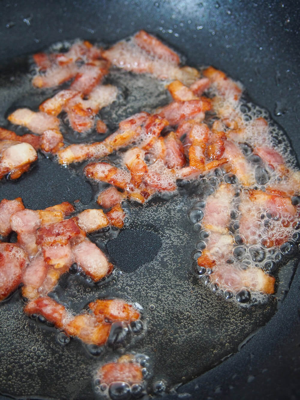 cooking bacon pieces for salad