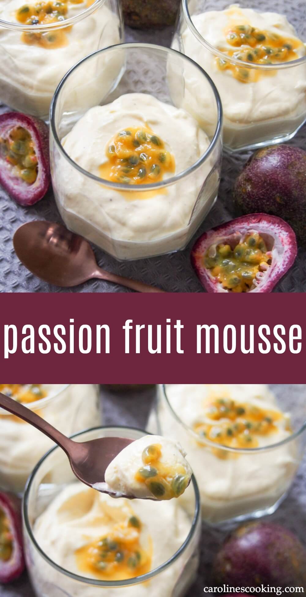 This Brazilian passion fruit mousse (mousse de maracuja) is an easy three ingredient dessert that's creamy, gently fruity and aromatically delicious. Perfect for any occasion. #passionfruit #mousse #nobakedessert #egglessmousse