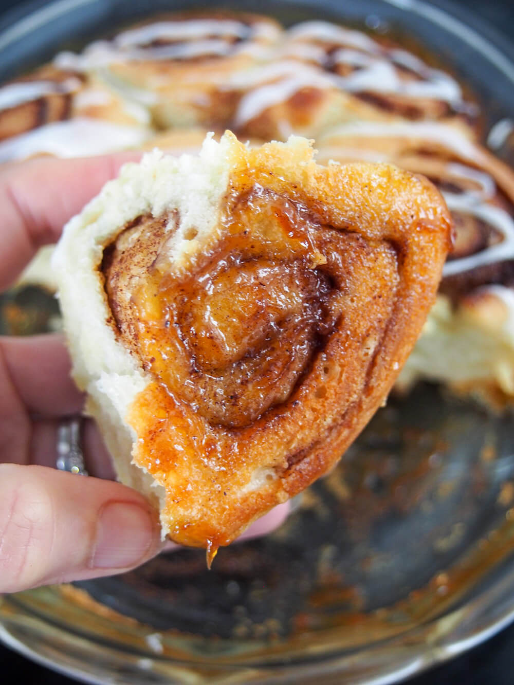 these sourdough cinnamon rolls have a lovely sticky base! sticky bottom on sourdough cinnamon roll