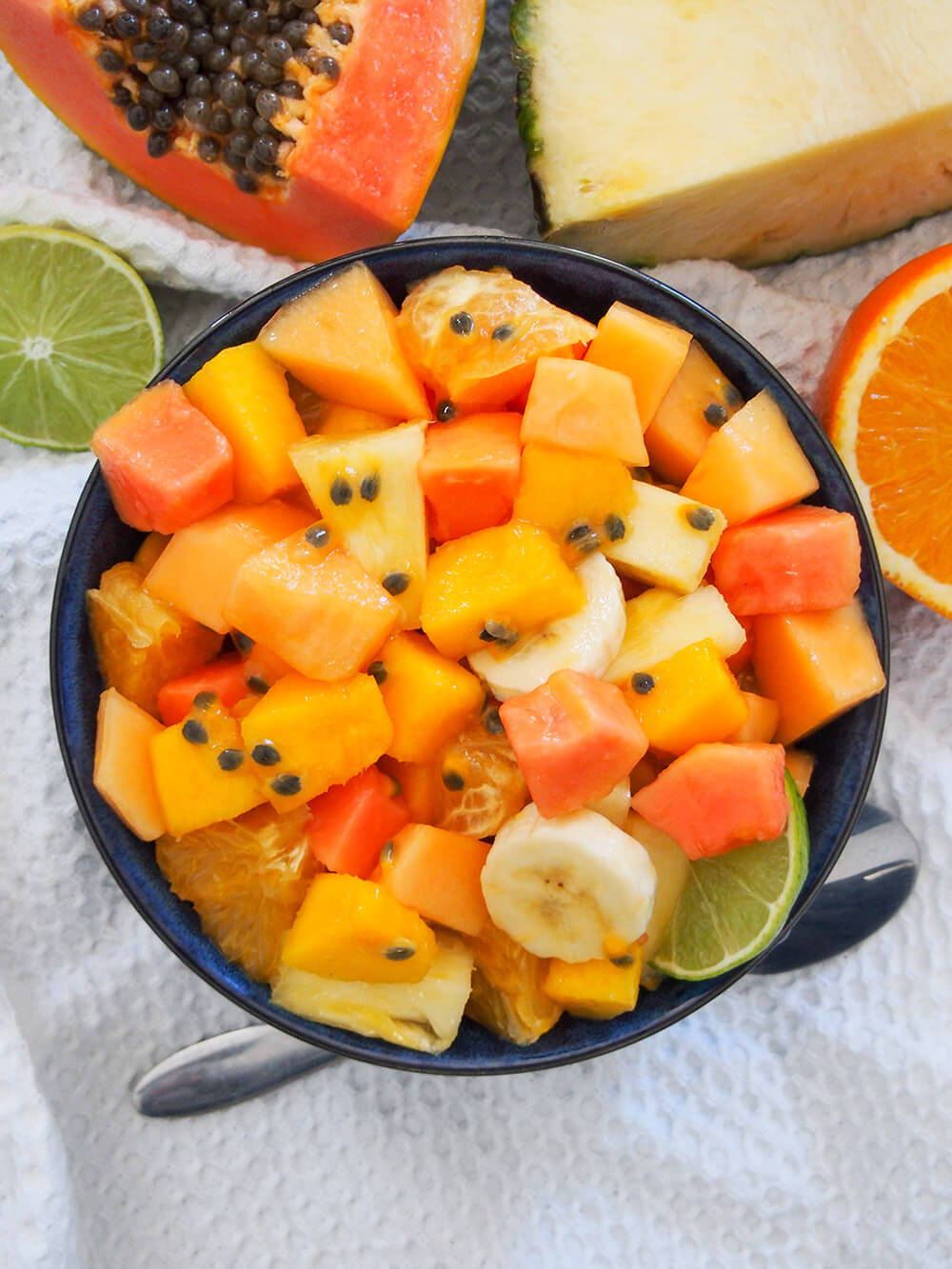 Bowl of tropical fruit salad from overhead