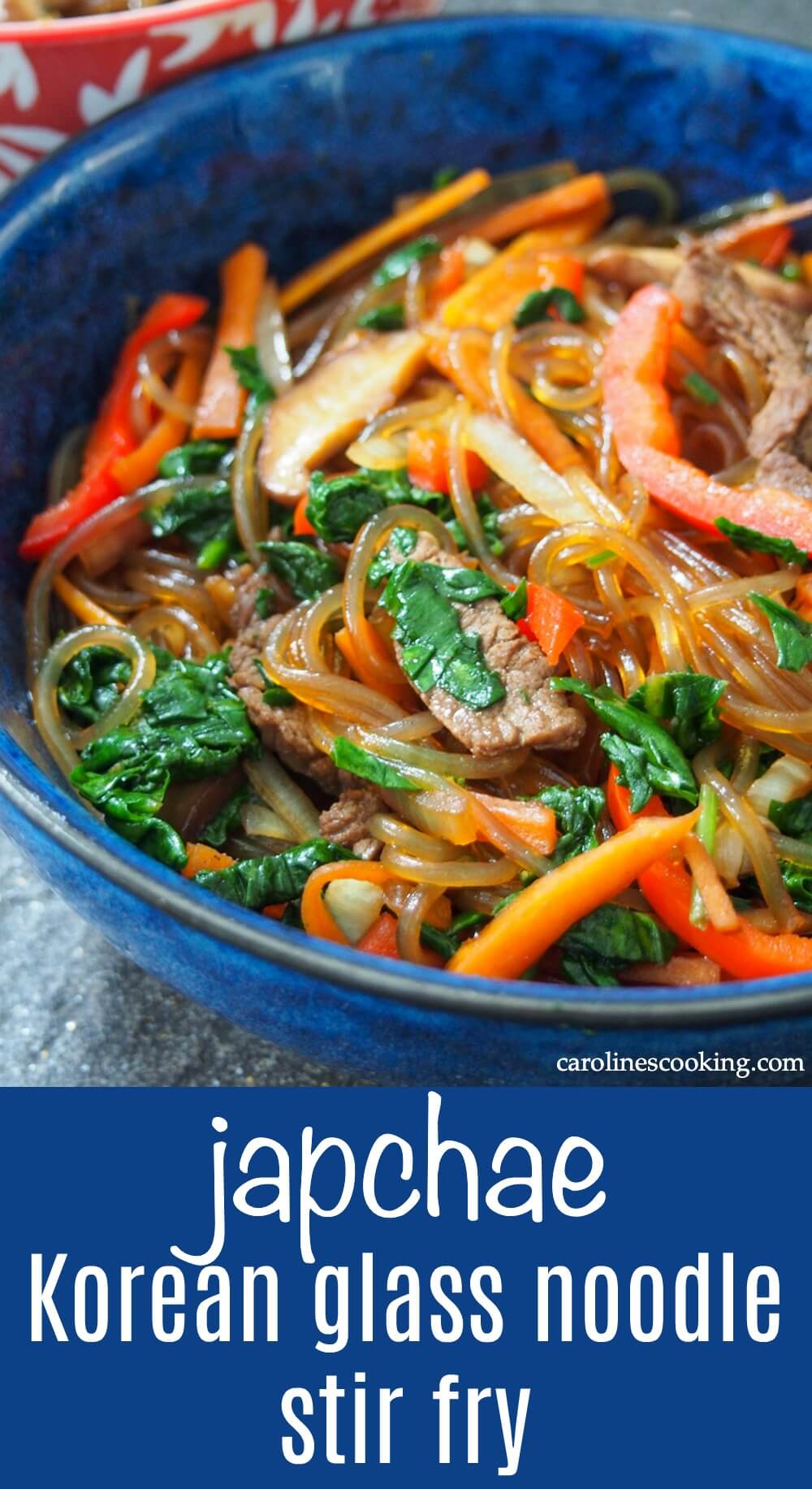 Japchae is an easy and delicious stir fry with a simple seasoning, plenty of vegetables and slightly chewy sweet potato starch noodles. It's both comforting and relatively light, making it the perfect quick meal. The noodles are also naturally gluten free. #koreanfood #stirfry #glutenfree