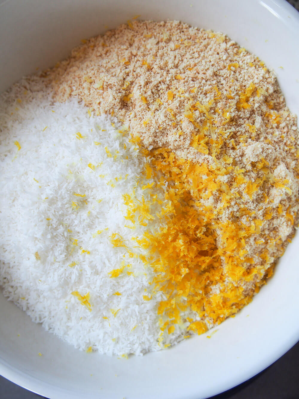 coconut, cookie crumbs and lemon zest for slice base