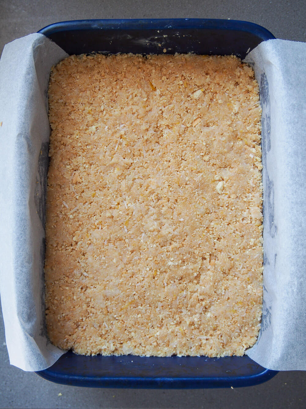 pressed down base in lined dish