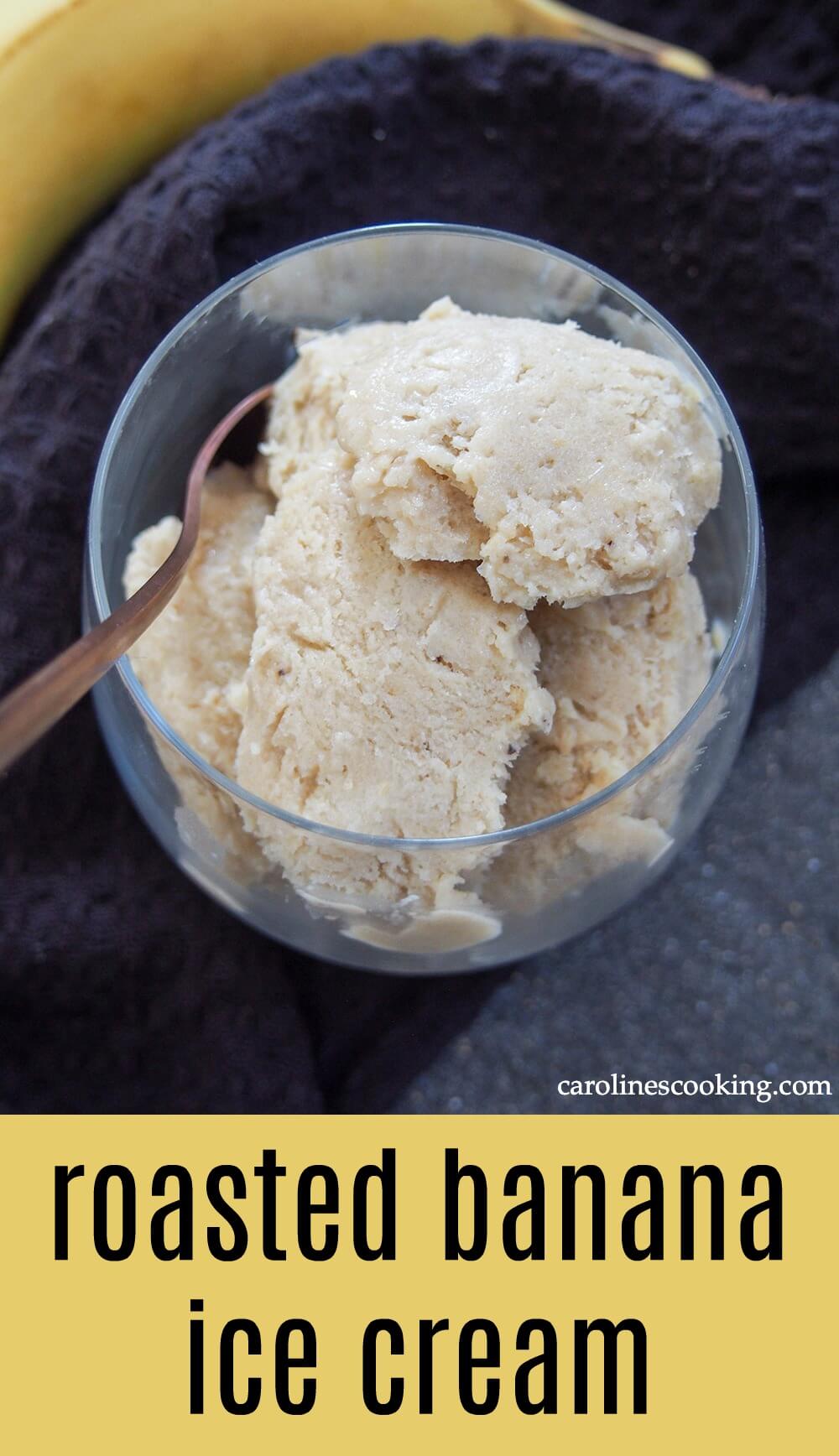 This roasted banana ice cream is the perfect use for overripe bananas in warmer weather - it is packed with lots of banana flavor and come together easily too. Roasting the fruit really intensifies the flavor for one delicious scoop! #banana #icecream #summerrecipe