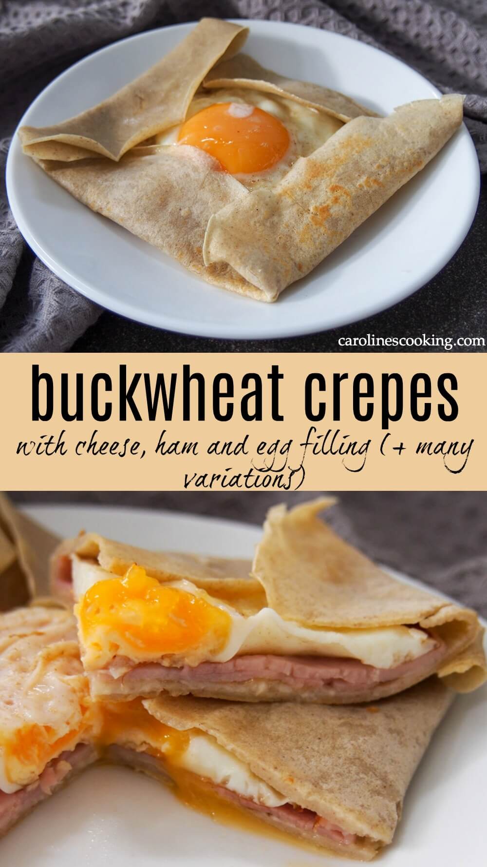 These French buckwheat crepes are easy to make, naturally gluten free and with a lovely slightly nutty flavor. They're perfect loaded up with cheese, ham and egg for a classic "crêpe complete" for brunch/ lunch, or with many other tasty savory fillings. #crepes #buckwheat #glutenfree #frenchfood