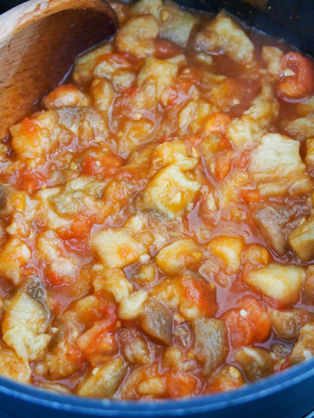 cooking Zaalouk (Moroccan eggplant salad)