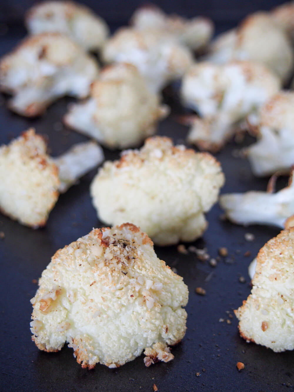 dukkah roasted cauliflower on baking sheet just out oven