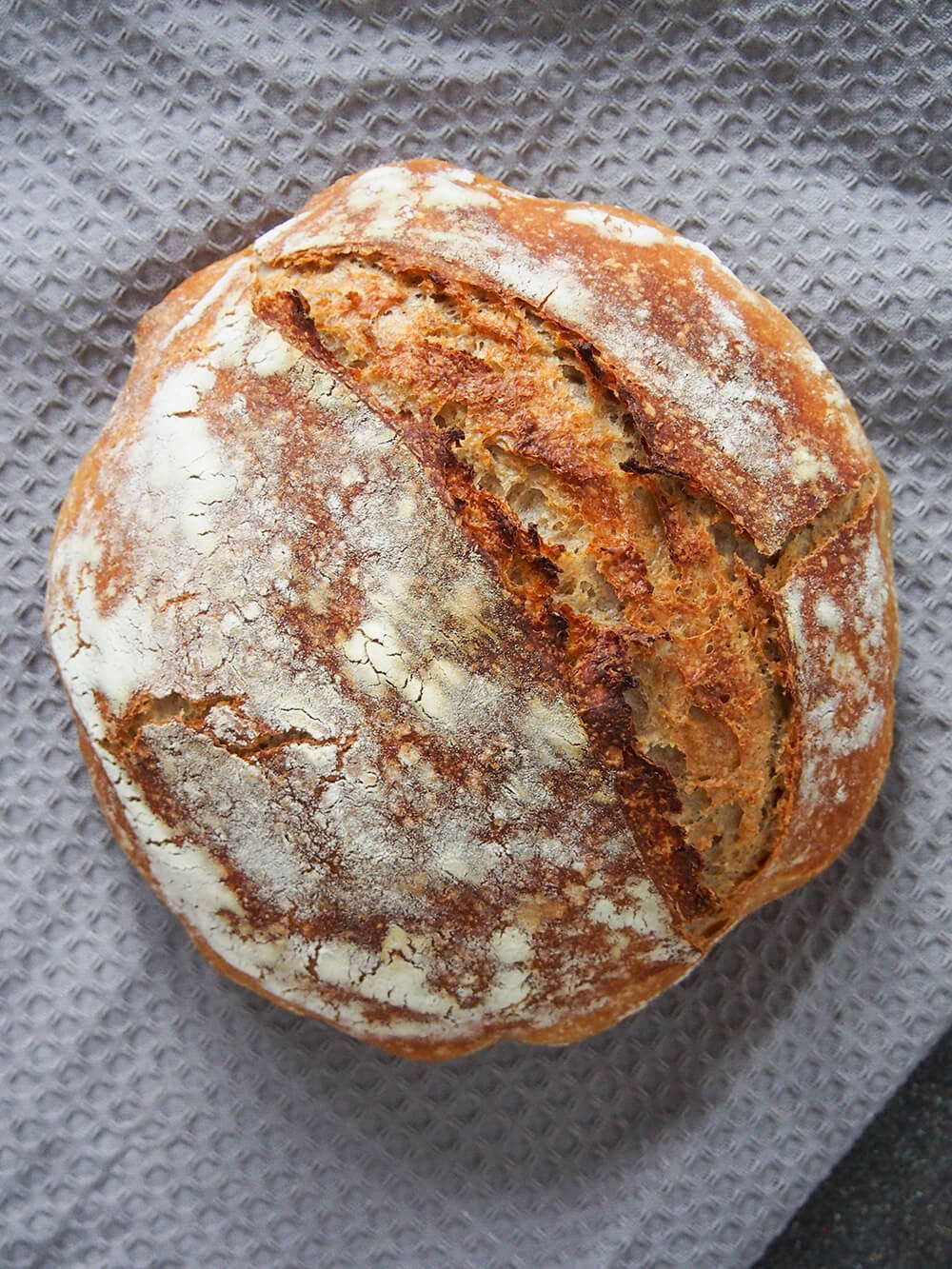 overhead view of loaf of pain de campagne
