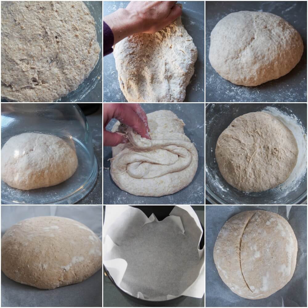 stages making pain de campagne (French country bread) from kneading, resting, preparing pan and scoring