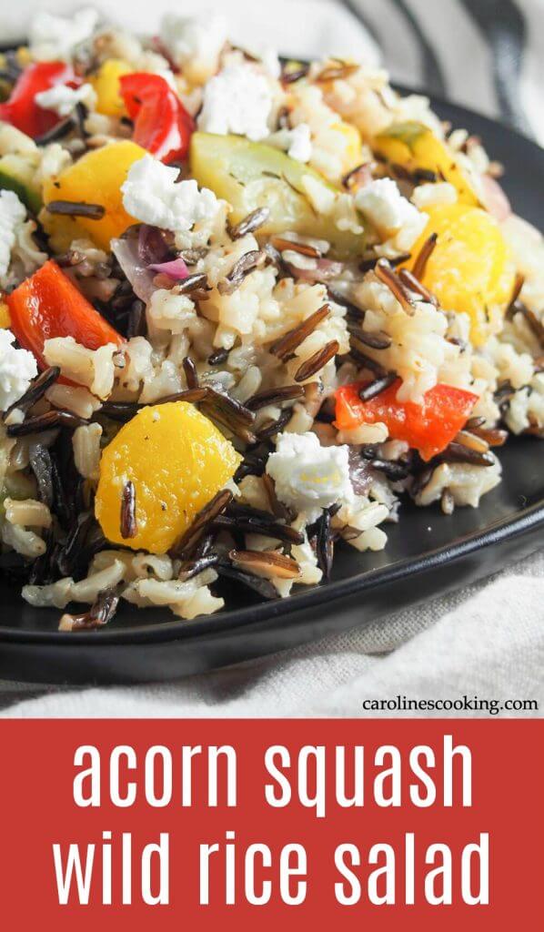 Acorn squash wild rice salad is a delicious vegetarian dish (easily made vegan) made with squash, wild rice and a citrus dressing that makes a great main or side. An excellent addition to any holiday meal, plus it's great cold for lunch too. #acornsquash #wildrice #salad #fallrecipe #vegetarian #holidayside