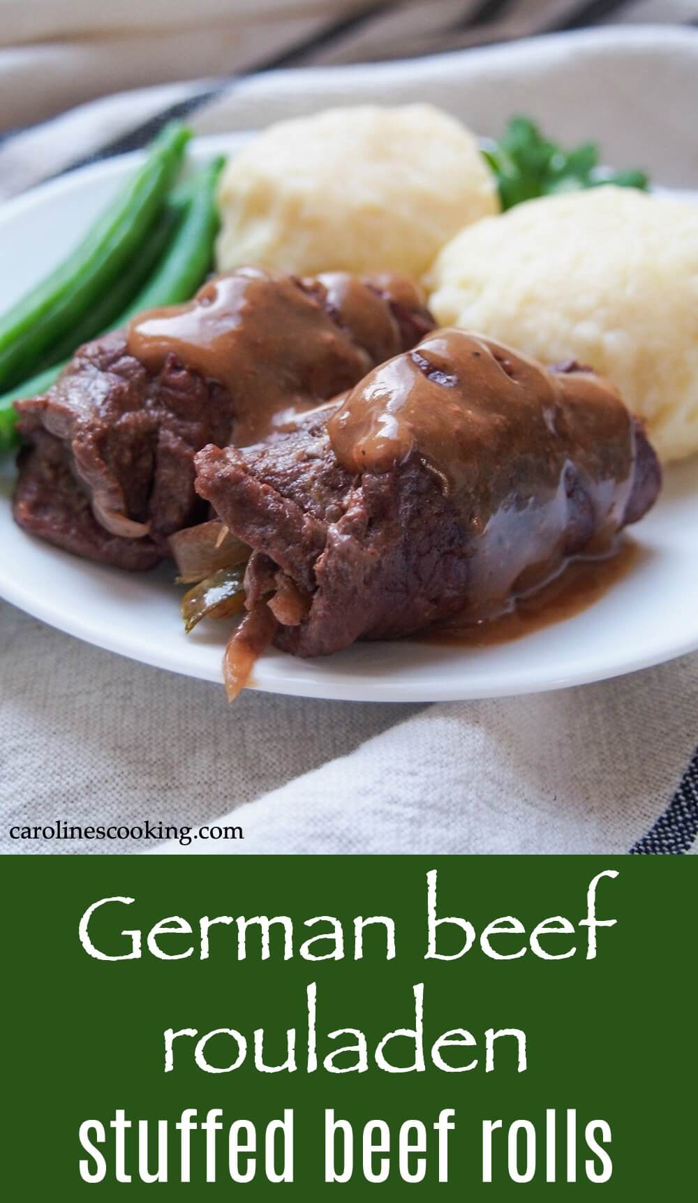 German beef Rouladen are beef rolls filled with bacon, onion, pickles and mustard. They are braised until tender and topped with the gravy they create. It's a wonderfully comforting and delicious traditional meal. #germanfood #beef #beefroll #oktoberfest #comfortfood