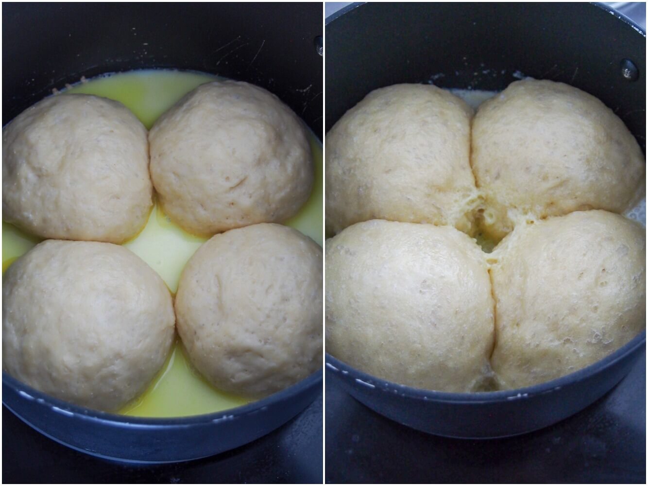 dampfnudel in pan at start and end steaming dampfnudel in pan at start and end steaming