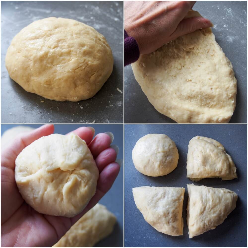 pre and post rise dampfnudel dough balls stages of forming dough, kneading, and forming in to balls before second rise