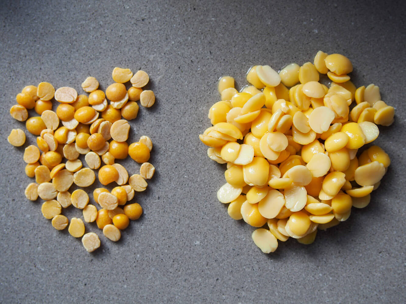 dry and soaked toor dal (yellow split peas) side by side