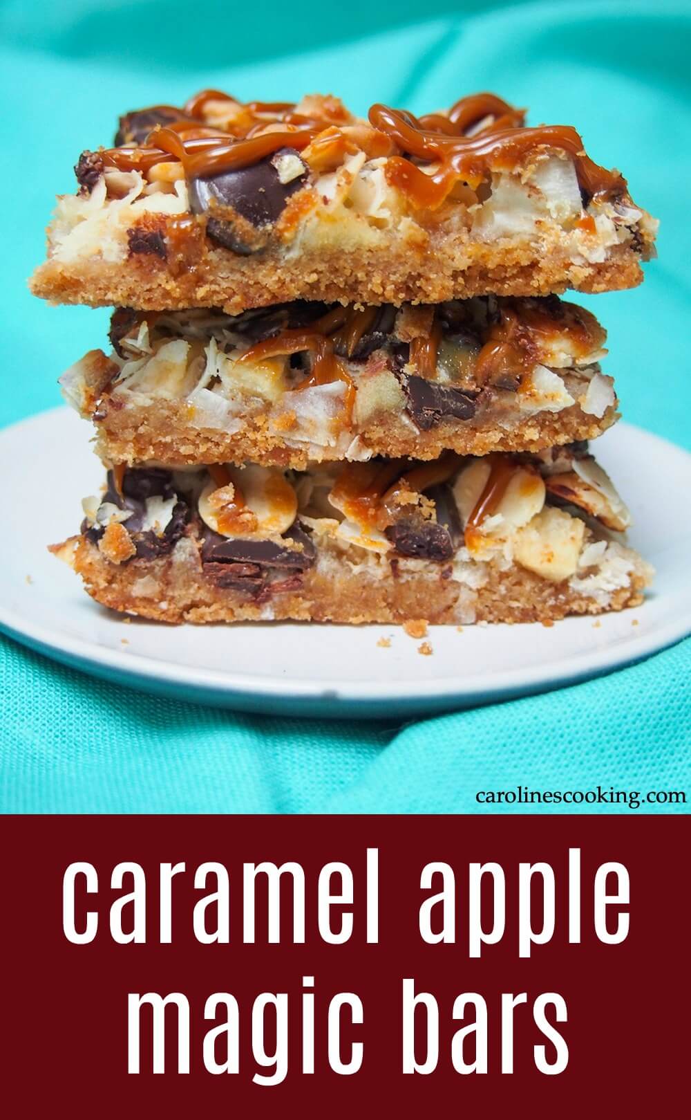 These caramel apple magic bars take the classic layered bars up a step with chunks of apple and a caramel drizzle. These tasty treats are easy to make and perfect for a crowd, as an after school treat and more! #apple #cookiebar