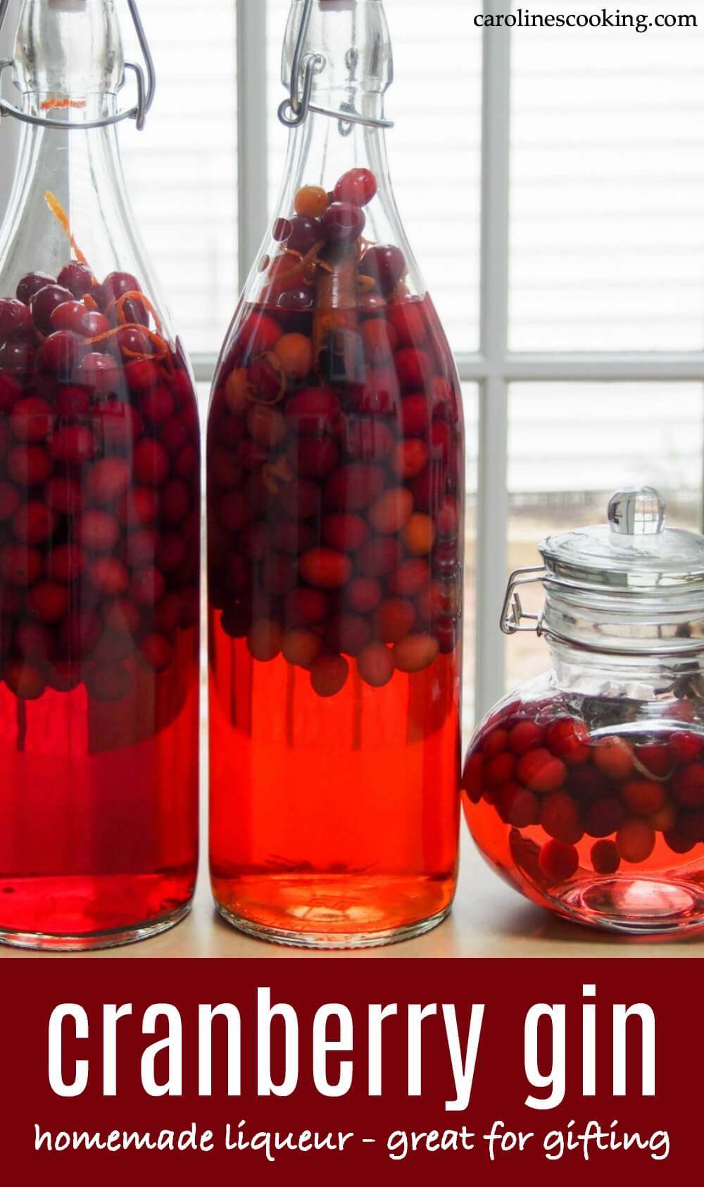 This cranberry gin is a New England take on a British classic, sloe gin. This gently sweetened infused gin liqueur is easy to make, with suggestions on ways to adapt the flavors. Perfect for festive sipping or giving as a gift. #cranberry #gin #liqueur #homemadegift