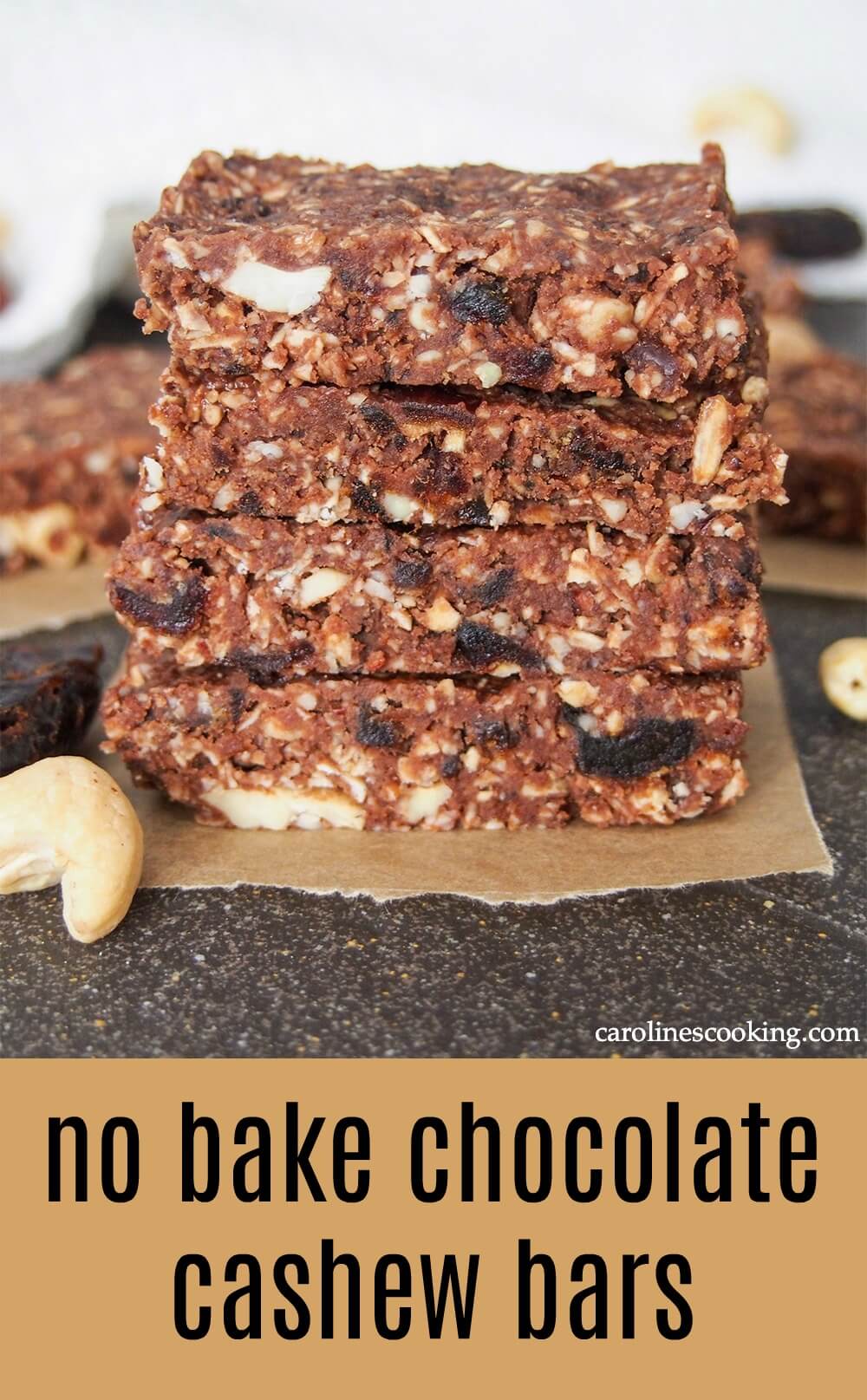 These no bake chocolate cashew bars are a tasty mix of nuts, oats, dates and a little cocoa. Gluten free, no added sugar and quick to make, they make a great healthy snack.