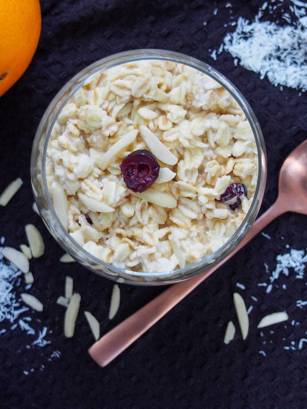 orange overnight oats viewed from overhead