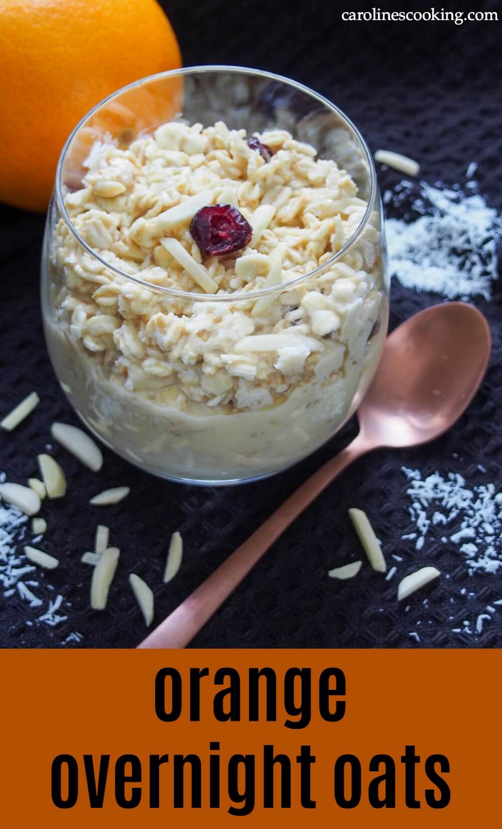 These orange overnight oats take just a minute to prepare the night before & in the morning for an easy, delicious and healthy citrusy and nutty breakfast. Can be dairy free as well. #breakfast #oats #orange #easyrecipe #makeaheadbreakfast