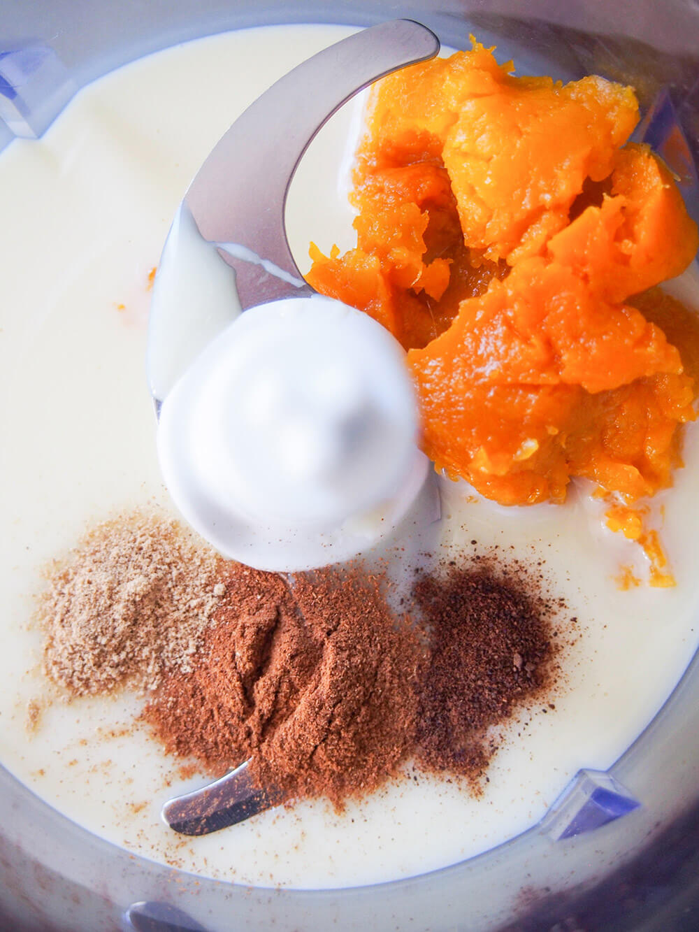 pumpkin puree, spices and condensed milk in blender