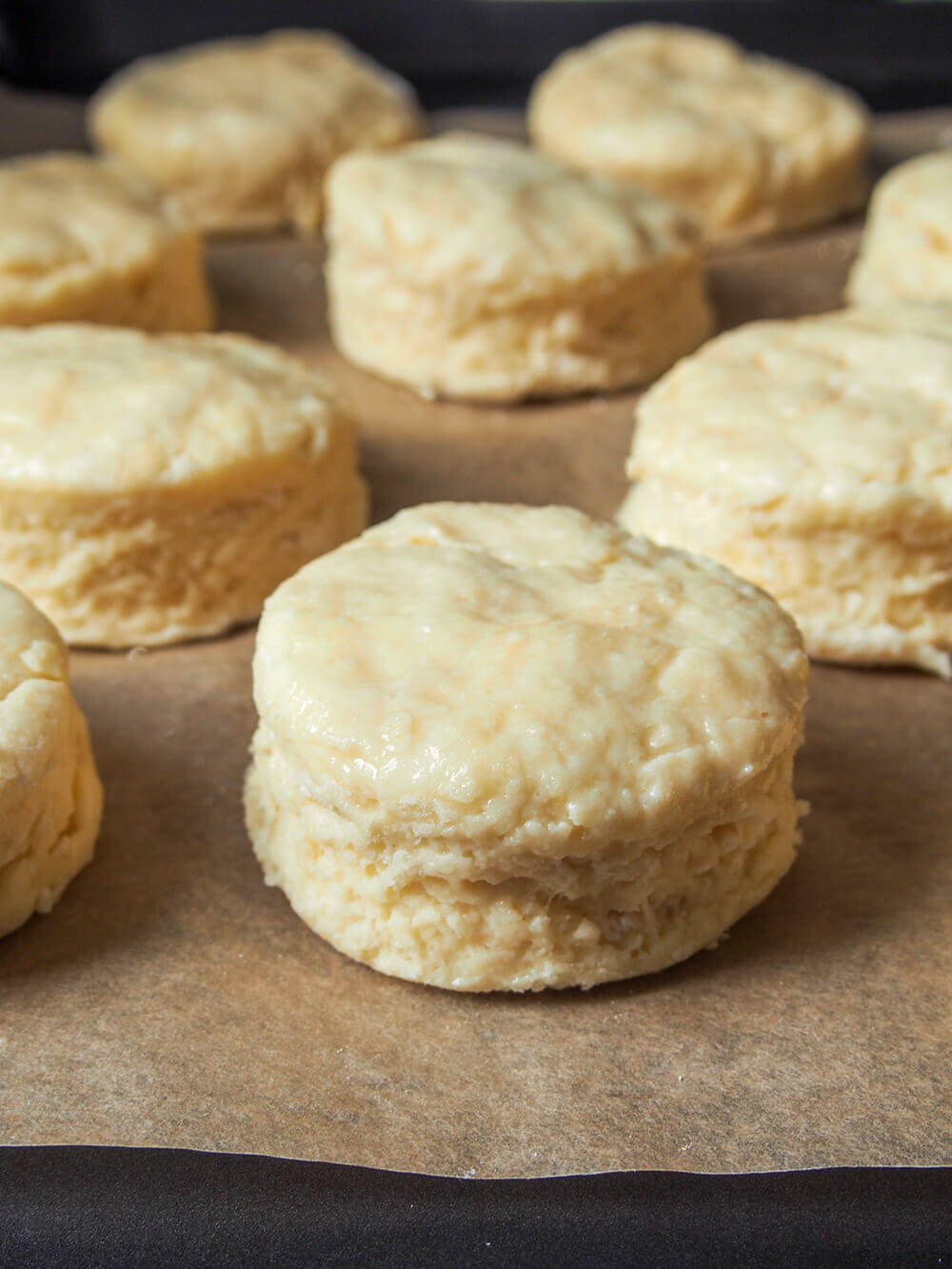 British scones ready to bake scones on lined baking sheet ready to bake