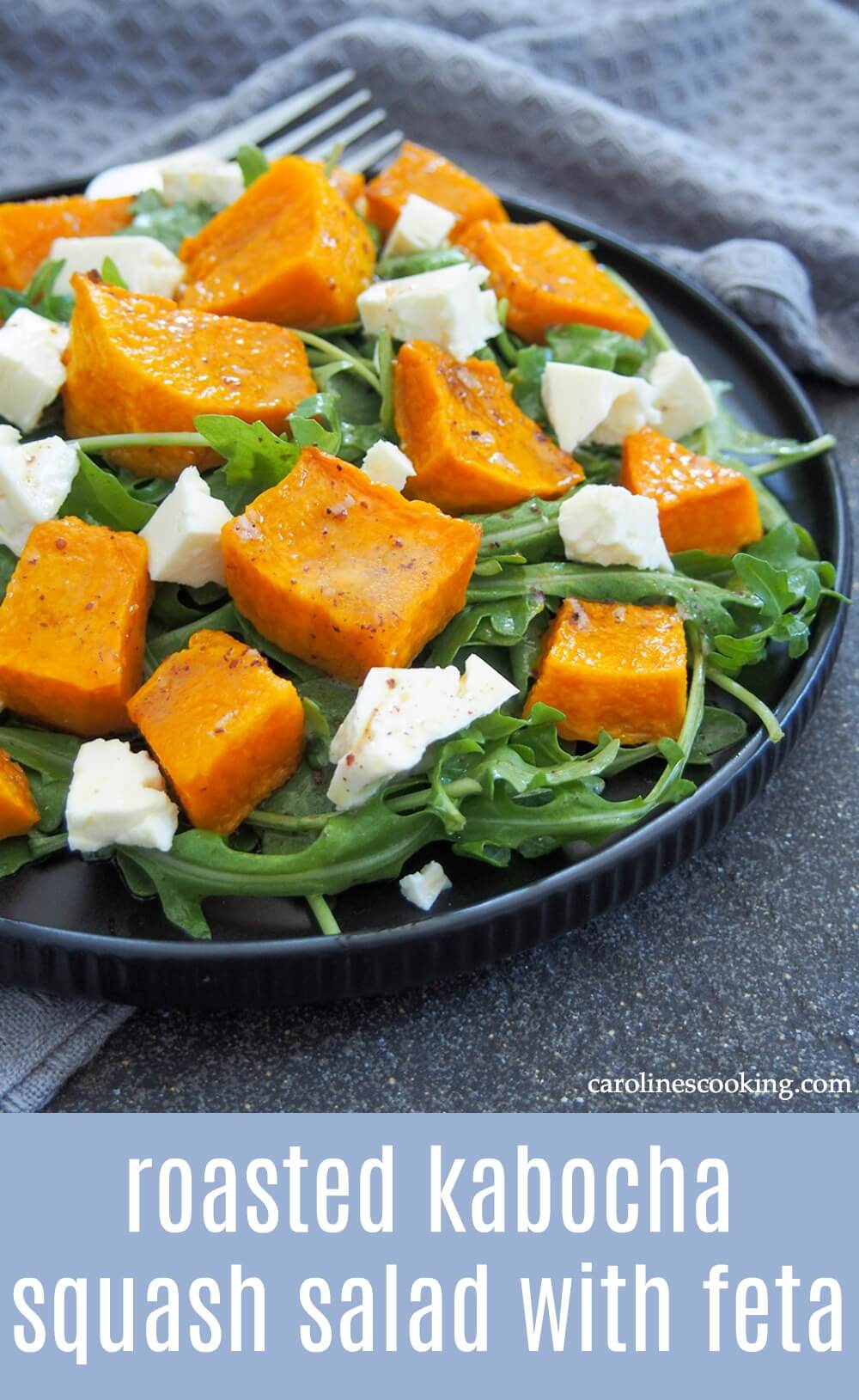 This roasted kabocha squash salad with feta is really easy to make and easily adapted. It has a tasty mix of comforting squash and a tangy dressing that works for lunch, as an appetizer or side. #kabocha #squash #salad #vegetarian
