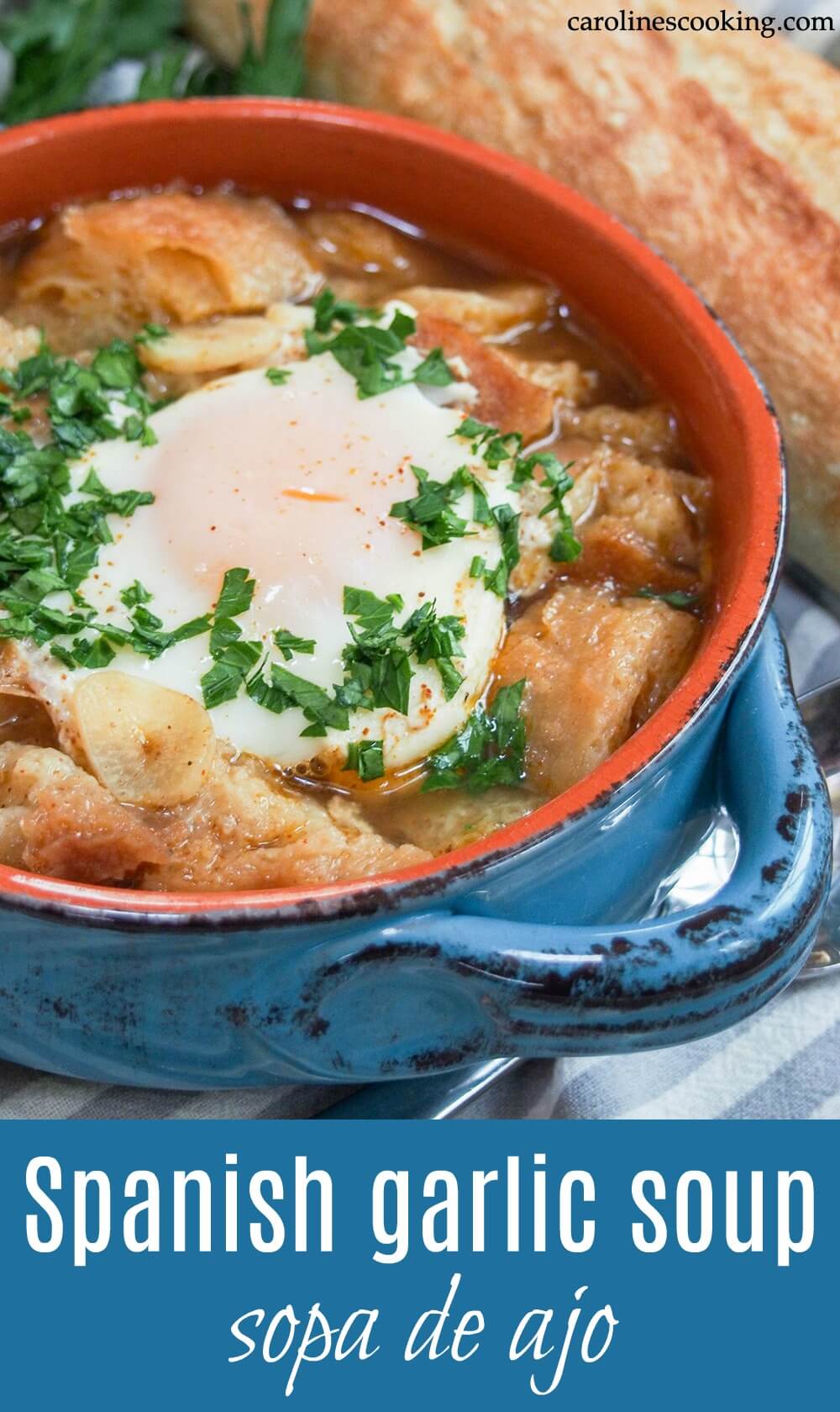 This garlic soup may not have many ingredients, but Spanish sopa de ajo is packed with flavor and warmth. It's easy to make, rustic and comforting. Just what you need on a cold day. Plus it's a great way to use up leftover bread. #soup #garlic #leftovers #spanishfood