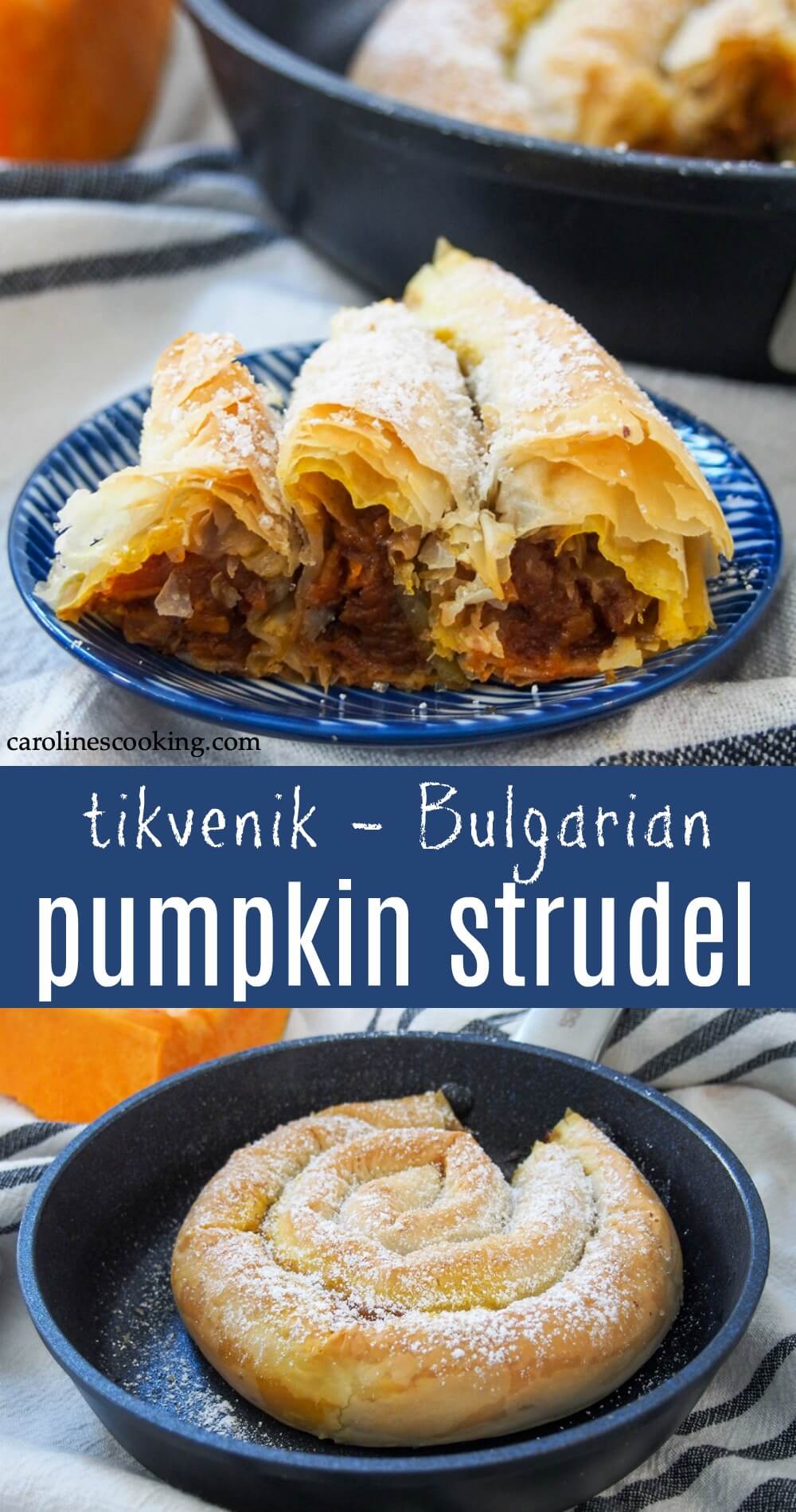 Tikvenik is a coiled pumpkin strudel from Bulgaria, with crisp filo pastry encasing a gently sweet pumpkin filling, warmed with cinnamon. It has a wonderful flavor, and this pretty pastry is easier than it looks. #pumpkin #filopastry #pumpkinstrudel