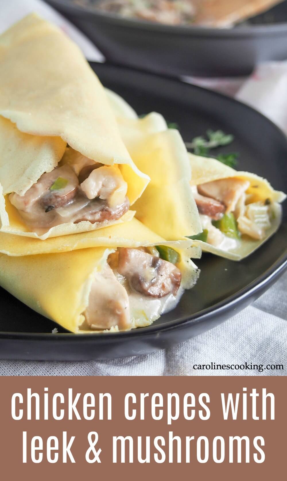 These savory turkey or chicken crepes with leek and mushrooms are a great way to use leftover meat in a tasty comforting dish. They're great to make with Thanksgiving leftovers, or if you have a roast chicken to repurpose in a very different meal. You could also use the sauce for other dishes like as a filling for baked potatoes, or over rice. Creamy, cheesy and easy to make, too! #leftovers #turkey #chicken #thanksgiving #christmas These savory turkey or chicken crepes with leek and mushrooms are a great way to use leftover meat in a tasty comforting dish. They're great to make with Thanksgiving leftovers, or if you have a roast chicken to repurpose in a very different meal. You could also use the sauce for other dishes like as a filling for baked potatoes, or over rice. Creamy, cheesy and easy to make, too! #leftovers #turkey #chicken #thanksgiving #christmas