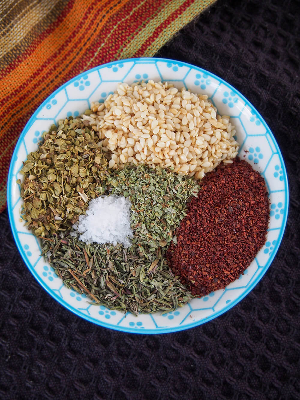 ingredients set out next to each other in small piles in bowl