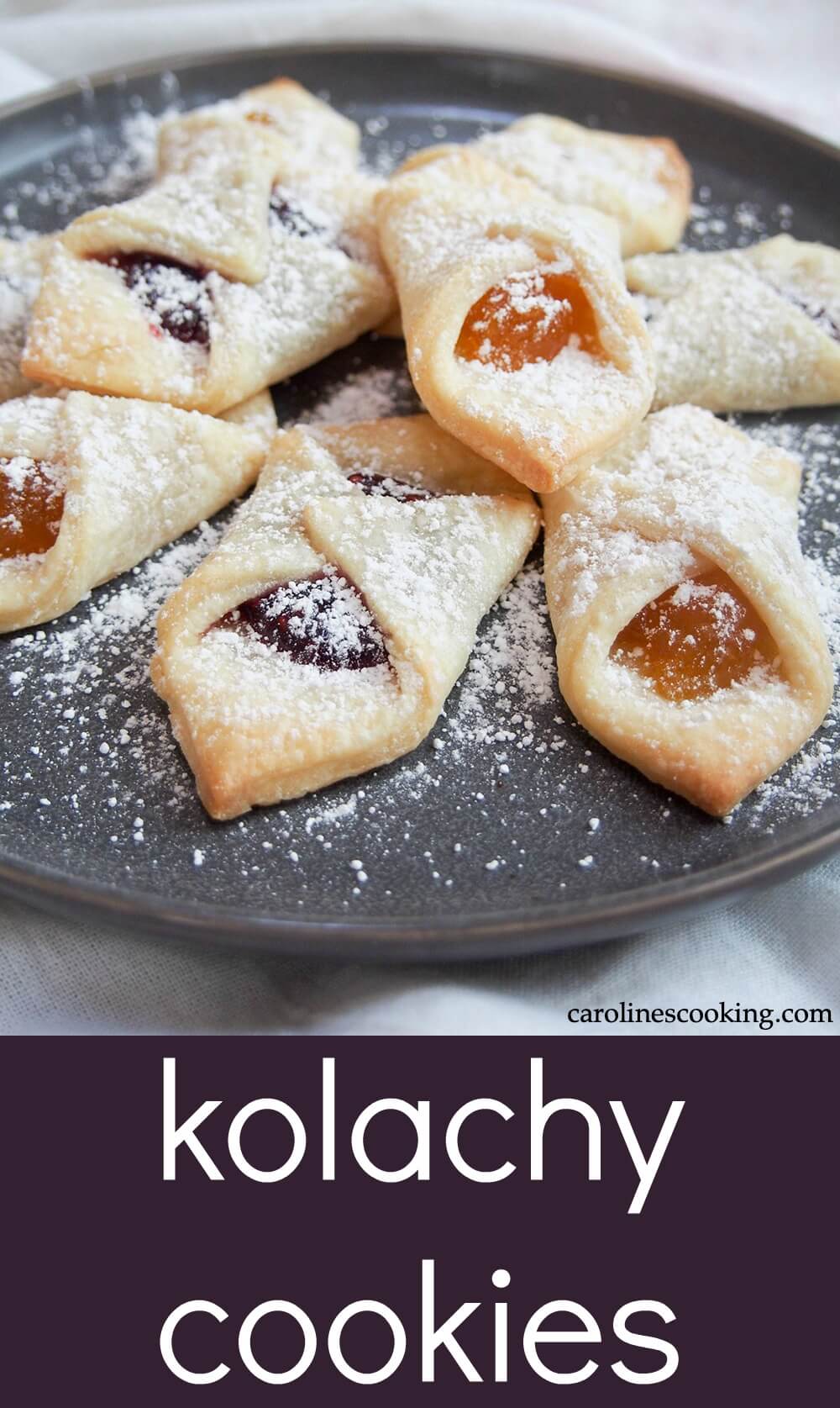 Kolachy cookies are an easy mix of a cream cheese pastry folded over a jam filling. They're as tasty as they are pretty, and a great addition to your cookie plate. #cookie #christmascookie #jamfilledcookie