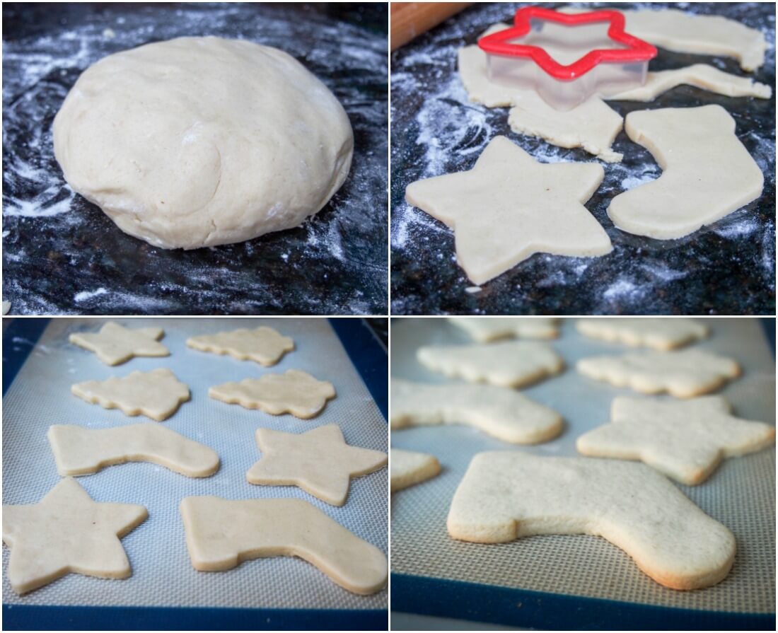 stages making German ginger cookies - ball of dough, cutting out cookies and on baking sheet before and after baking