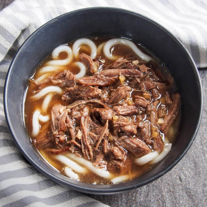 short rib beef udon close up