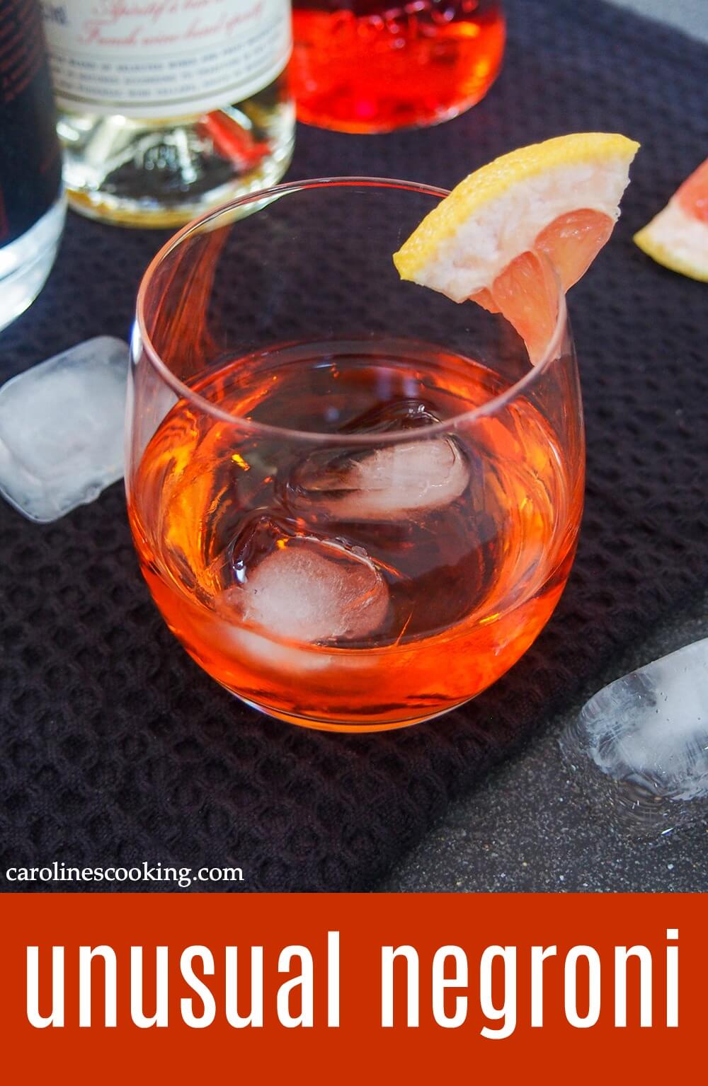 If you've ever felt a classic negroni was a little too much, then you need to try this unusual negroni. It's that bit more mellow and aromatic but with the same style of flavors. And it's one bright and sippable drink. #cocktail #negroni If you've ever felt a classic negroni was a little too much, then you need to try this unusual negroni. It's that bit more mellow and aromatic but with the same style of flavors. And it's one bright and sippable drink. #cocktail #negroni