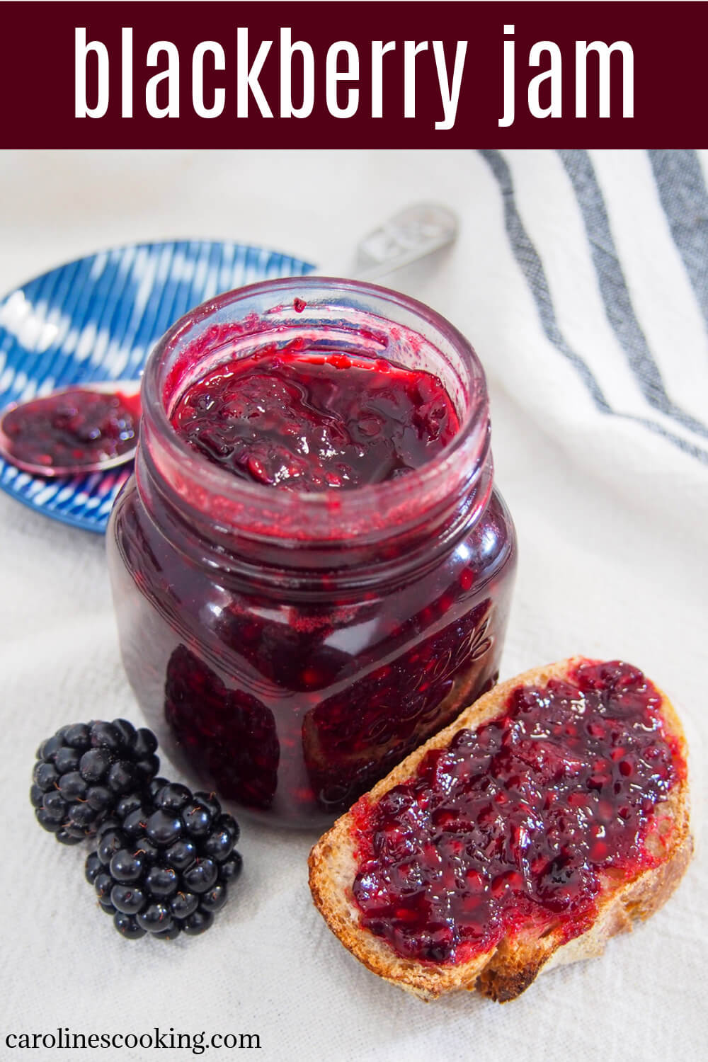 Blackberry jam is brightly colored and bursting with fruity flavor. This one is made in a small batch with lower sugar and comes together quickly for a delicious spread, perfect for toast and more. #jam #preserving #blackberry
